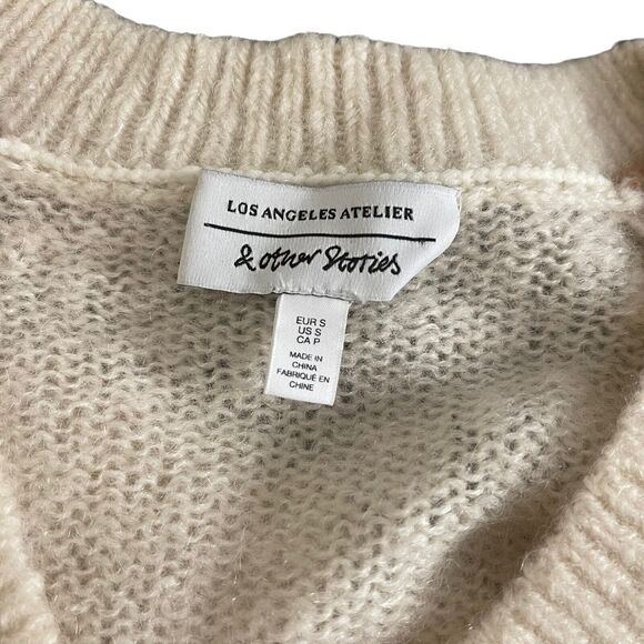 & Other Stories Small Sweater Vneck Striped Wool Mohair Ivory Brown - Picture 2 of 10